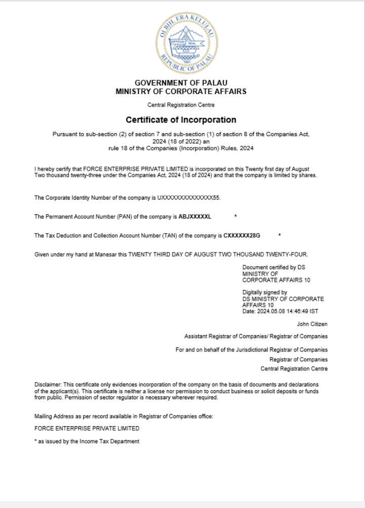 Palau business registration certificate Word and PDF template